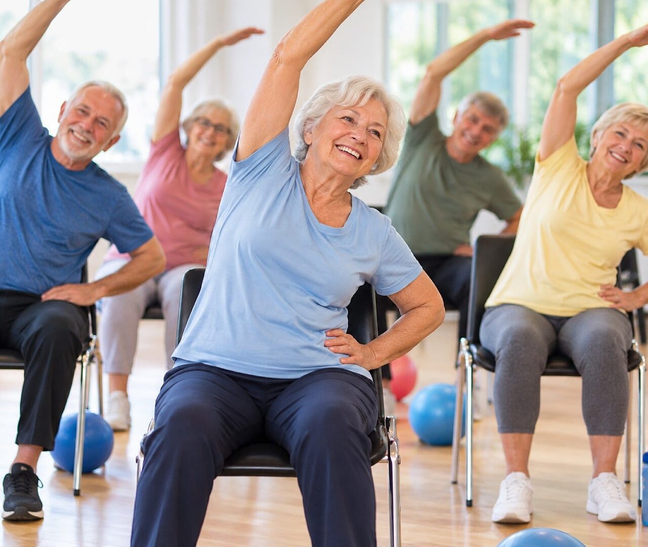 Older adults doing seated stretching exercises in a bright room
