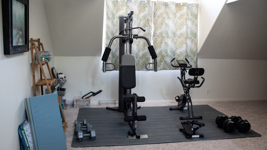 Person doing a workout in a minimalist home gym with basic equipment