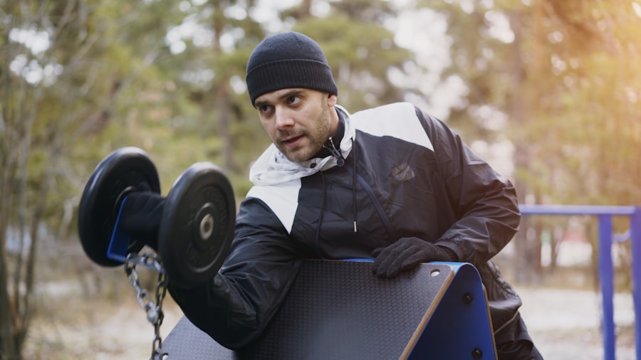 Person performing dumbbell exercise on adjustable weight bench in home gym setting