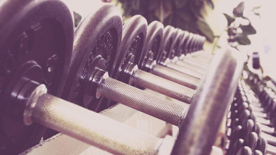 Row of dumbbells with knurled grip handles on a rack