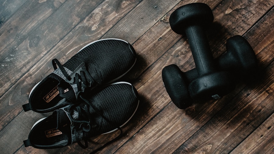 person using basic home gym equipment as a beginner starting Person using basic home gym equipment as a beginner starting a fitness routine indoors