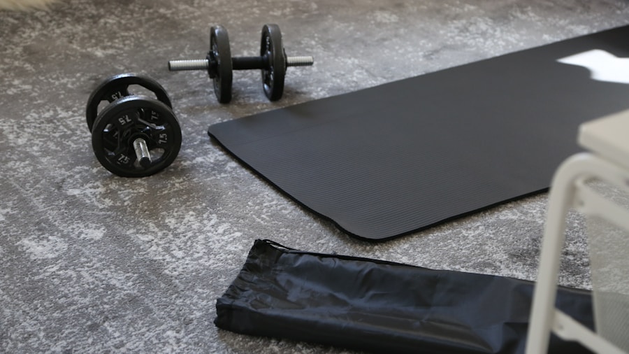 Person using various home gym equipment during a full-body workout session