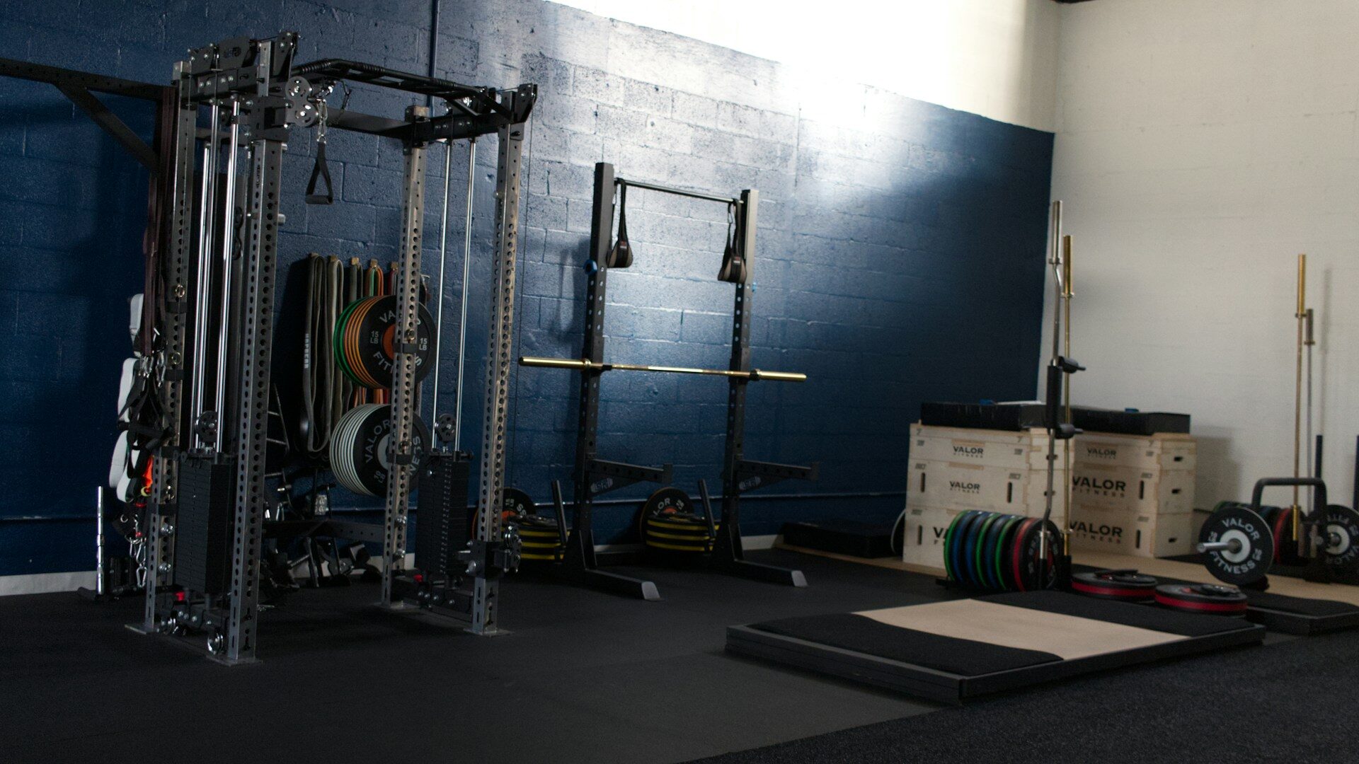 Power racks and a cable station lined up along the wall of a training room