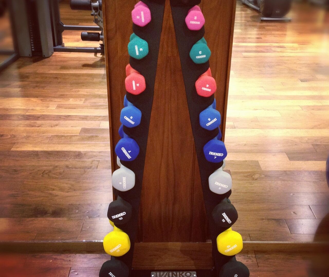 Rack of colorful dumbbells in graduated weights on a wooden floor