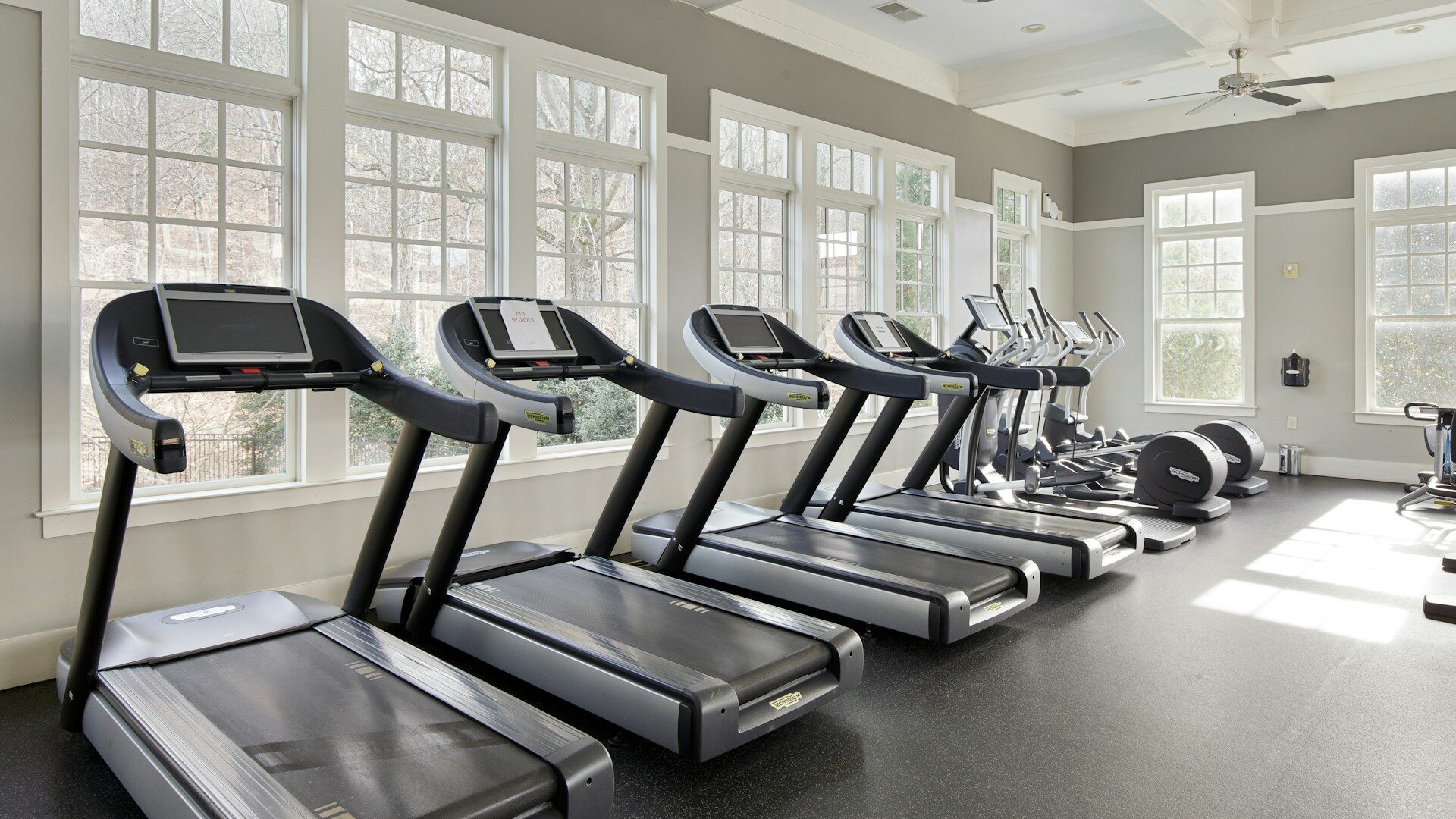 row of treadmills in a bright room with large windows Row of treadmills in a bright room with large windows