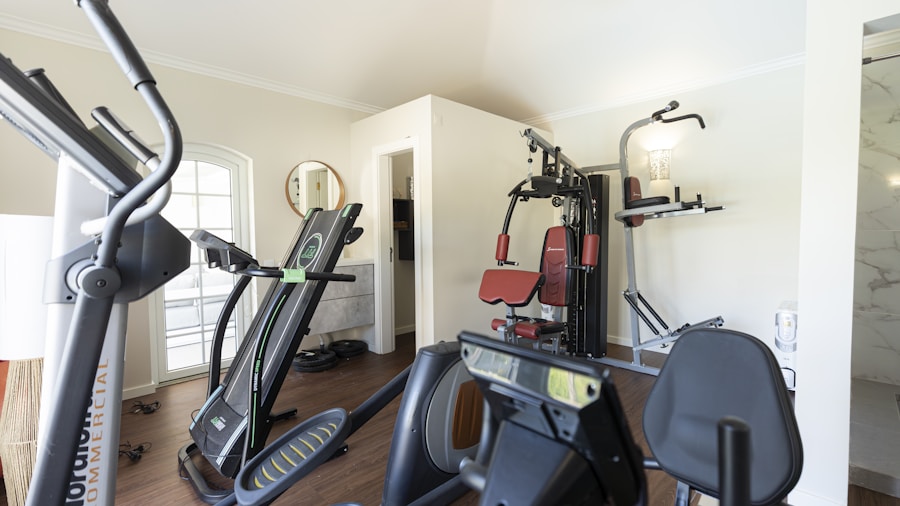 Smith machine installed in corner of small home gym room with minimal floor space