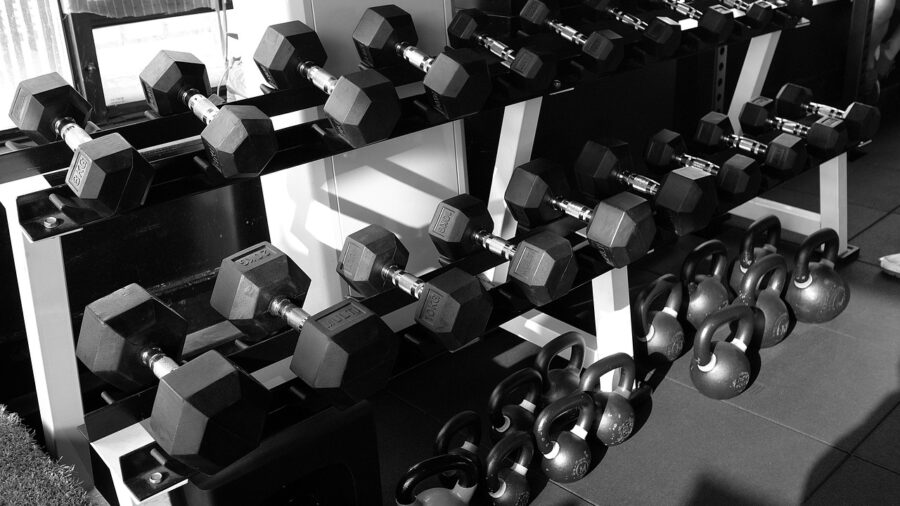 wall mounted storage rack holding organized dumbbells and ke Wall-mounted storage rack holding organized dumbbells and kettlebells in a home gym
