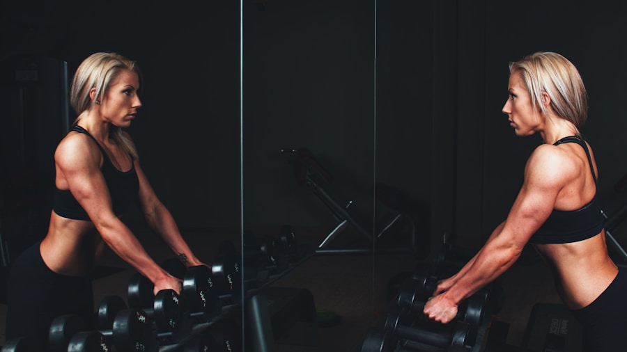 Woman doing dumbbell strength training exercises at home on a budget